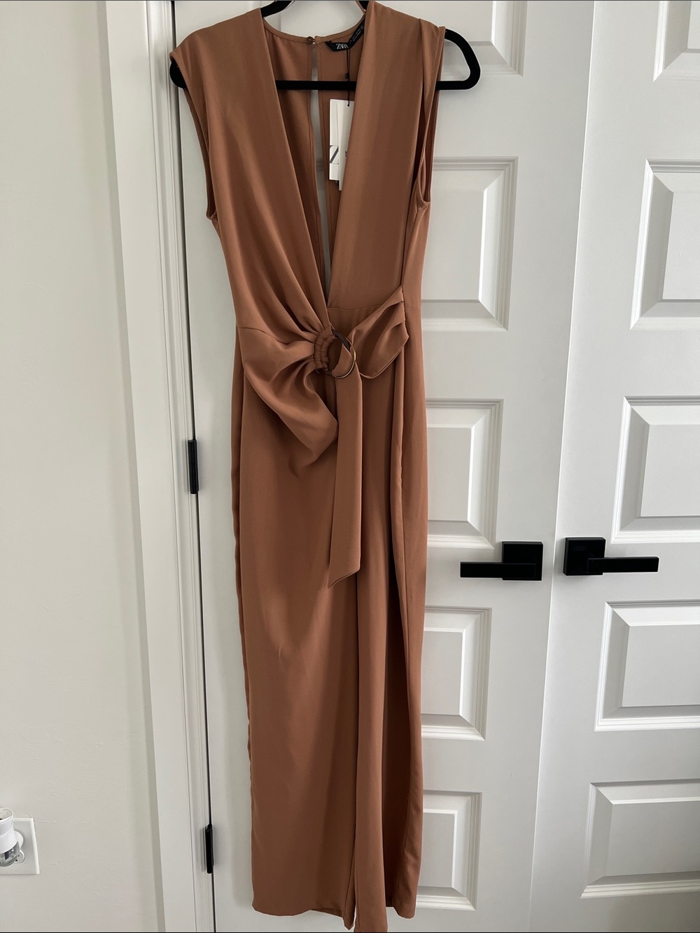 Zara Rust Brown Sleeveless Jumpsuit with Knot Detail